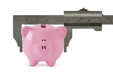 Piggy bank with vernier caliper on white background - Concept of economy and savings