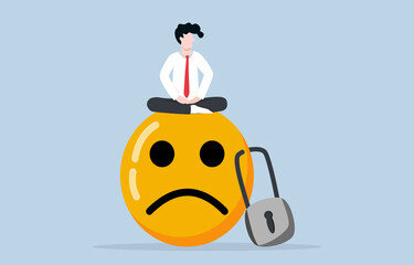 Meditation to control negative emotion not last long, mental health practising to be emotional intelligence person concept. Calm businessman meditating on frowning face that being padlocked.