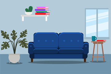 Living room interior vector design: sofa, window, plant, shelf with books, coffee table, mug. Vector image