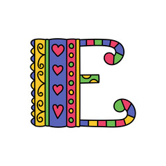 Colorful doodle letter E. Hand drawn line ABC. Sketch alphabet. Kids illustration