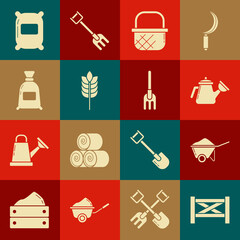 Set Garden fence wooden, Wheelbarrow with dirt, Watering can, Shopping basket, Cereals rice, wheat, corn, oats, rye, Bag of flour, and rake icon. Vector