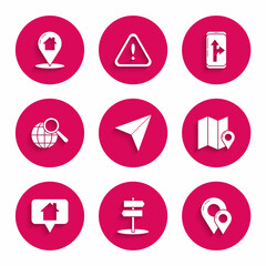 Set Paper airplane, Road traffic sign, Map pin, Folded map with location marker, pointer house, Magnifying glass globe, Infographic of city navigation and icon. Vector
