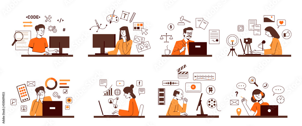 Wall mural a set of concepts for freelancers and people working remotely.vector concepts of different remote pr
