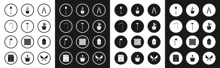 Set Gardening handmade scissors, Hammer, Scythe, Shovel, Cactus succulent pot, Plant, Retro wall watch and Wooden axe icon. Vector