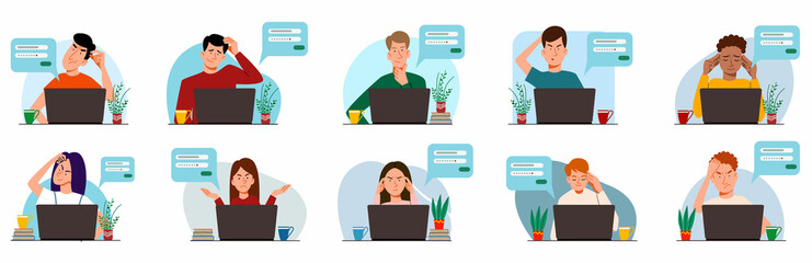 A set of concepts of people thinking on a laptop. Forgot your password and login for the account on the web page. Flat vector illustration. - obrazy, fototapety, plakaty