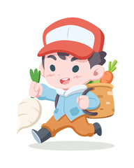Cute style Japanese farmer carrying vegetables cartoon illustration
