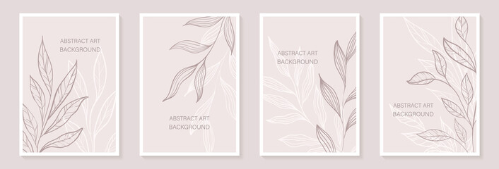 Creative minimalist Abstract art background with leaves branch and Hand Drawn doodle Scribble floral plants. Abstract leaf. Design wall decoration, postcard, poster or brochure