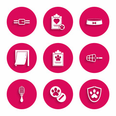 Set Clipboard with medical clinical record pet, Dog and pills, Animal health insurance, muzzle, Hair brush for dog cat, Door, Pet food bowl and Collar name tag icon. Vector