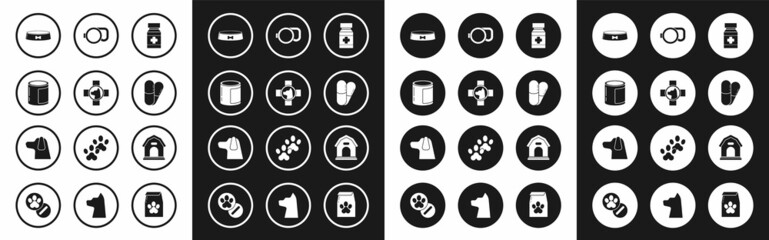 Set Dog medicine bottle and pills, Veterinary clinic symbol, Canned food, Pet bowl, Retractable cord leash, house and icon. Vector