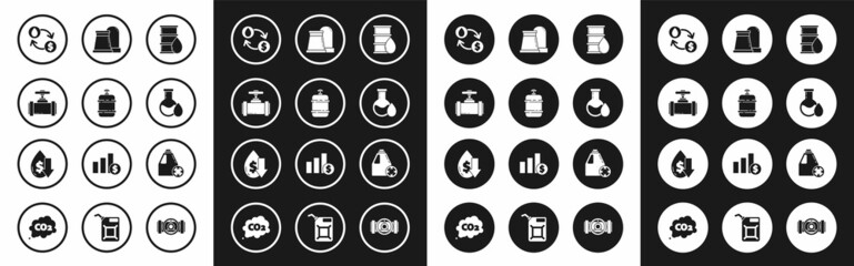 Set Barrel oil, Industry metallic pipes and valve, Oil exchange, water transfer, convert, petrol test tube, industrial factory building, Antifreeze canister and Drop crude price icon. Vector