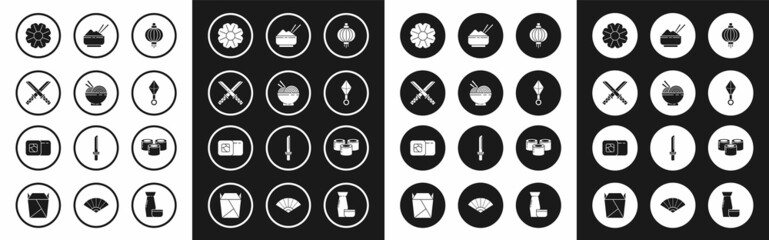 Set Japanese paper lantern, Asian noodles in bowl and chopsticks, Traditional katana, Flower, ninja shuriken, Rice with, Sushi and icon. Vector