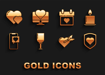 Set Wine glass, Burning candle, Heart with shield, Amour heart arrow, Smartphone speech bubble, Calendar, and Computer monitor icon. Vector