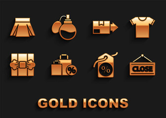 Set Shoping bag with discount, T-shirt, Hanging sign Closed, Discount percent tag, Gift box, Carton cardboard, Skirt and Perfume icon. Vector