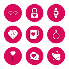 Set Coffee cup and heart, Heart in speech bubble, Diamond engagement ring, Balloons form, Candy shaped box, the center wrist watch and love glasses icon. Vector
