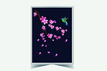 Cherry blossom Japanese flower wall art illustration, Hummingbird vector, poster banner, background design 