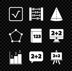 Set Square root, Abacus, Geometric figure Cone, Graph, schedule, chart, diagram, Equation solution, Chalkboard, Pentagonal prism and Book with word mathematics icon. Vector