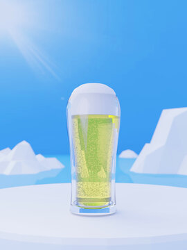 Frigid beer and bubbles surrounded by blue sky and ice.3D Render