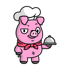 CUTE PIG IS WEARING CHEF HAT AND SCARF AND SERVING FOOD CARTOON MASCOT DESIGN.