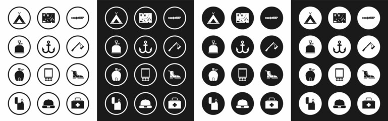 Set Camping knife, Anchor, gas stove, Tourist tent, Wooden axe, Folded map with location, Hiking boot and Canteen water bottle icon. Vector