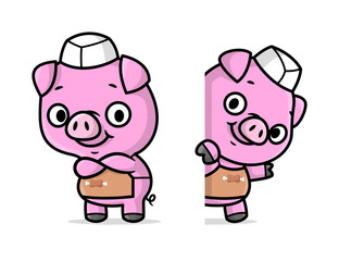 CUTE PIG IS WEARING BUTCHER HAT AND APRON CARTOON MASCOT DESIGN IN TWO DIFFERENT MOVES.