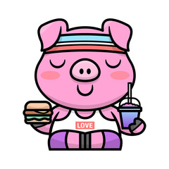 A CUTE FAT PIG IS WEARING SPORTS OUTFIT AND HOLDING BURGER AND DRINK. CARTOON MASCOT DESIGN.