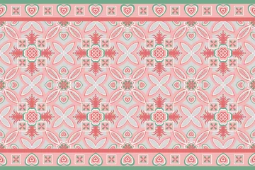 Gordijnen Pattern azulejo floor tiles. Abstract geometric background Vector illustration, seamless pink color mediterranean pattern  Portuguese floor tiles azulejo design. Floor cement talavera tiles © HoyaBouquet