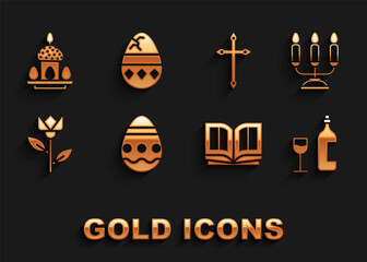 Set Easter egg, Candelabrum with candlesticks, Wine bottle glass, Holy bible book, Flower tulip, Christian cross, cake eggs and Cracked icon. Vector