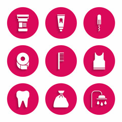 Set Hairbrush, Garbage bag, Shower head, Sleeveless T-shirt, Tooth, Toilet paper roll, Sanitary tampon and Medicine bottle icon. Vector