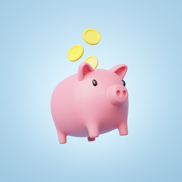 Gold coin spread into pink piggy bank float on blue background. Mobile banking and Online payment service. Save dollar in money box. Saving money wealth. Business cartoon style concept. 3d icon render