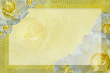 yellow and white roses flower on top and bottom corners on a yellow frame and white line and white curve with an yellow background, banner, template, name card, nature, valentine, for text input