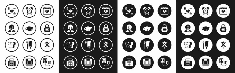 Set Heart rate, Teapot with cup, Meditation, Attention to health heart, Kettlebell, Alarm clock, No doping syringe and Bread toast icon. Vector - obrazy, fototapety, plakaty