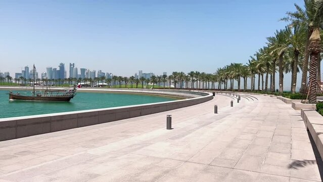Doha, Qatar: Capital city of Qatar, cityscape with skyscrapers skyline of West Bay - landscape panorama of Arabian Peninsula from above, West Asia