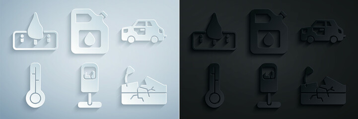 Fototapeta premium Set Trash can, Car, Meteorology thermometer, Earthquake, Canister for gasoline and Deforestation icon. Vector