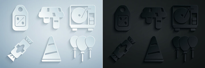 Fototapeta premium Set Party hat, Vinyl player with vinyl disk, Candy, Balloons ribbon, Winter scarf and Price tag Sale icon. Vector