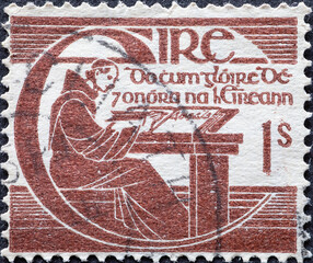 Ireland - circa 1944: a postage stamp from Ireland , showing the portrait of the chronicler, scribe and antiquary Michael O'Clery