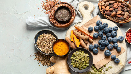 Healthy food clean eating selection on light background.