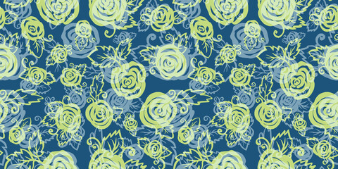 Spring Watercolor Floral Seamless Patterns with packaging and scrapbooking. colorful yellow and gray branch and Roses Flower on blue Background