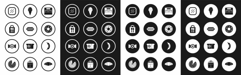 Set Coffee cup to go, Hotdog sandwich, Online ordering delivery, Steak meat, Donut, Ice cream waffle cone, and Candy icon. Vector
