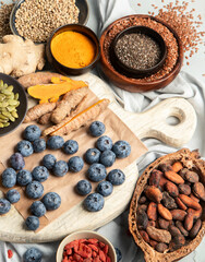 Healthy food clean eating selection on light background.