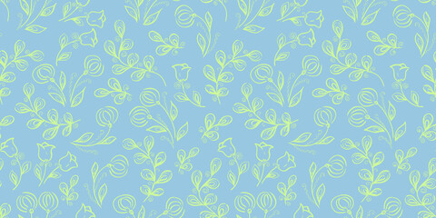 Spring Seamless Pattern. Floral elements in doodle style. Blue background. Watercolor tropical green Flowers and leaves. Wedding Patterns with colorful leaf and Flower