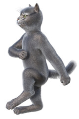 Gray anthropomorphic cat marching in place with the left leg lifted, eyes straight ahead. 3d render isolated on white