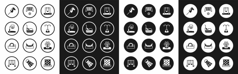 Set Swing, Bumper car, Basketball backboard, Toy horse, Street light, Soccer goal with, Ferris wheel and icon. Vector