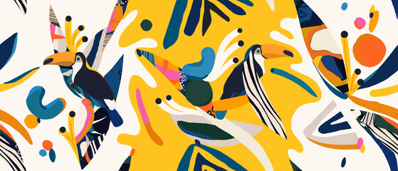 Modern abstract tropical pattern with toucan bird. Collage contemporary seamless pattern. Hand drawn cartoon style pattern. - obrazy, fototapety, plakaty