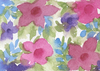 Watercolor pink and violet Flowers. Green Leave. Multicolor provence Background. Floral elements. Colorful Backdrop