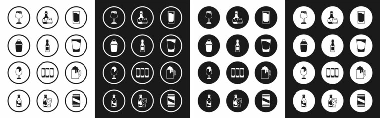 Set Shot glass, Champagne bottle, Cocktail shaker, Wine, Whiskey and, Wooden beer mug and Glass of icon. Vector