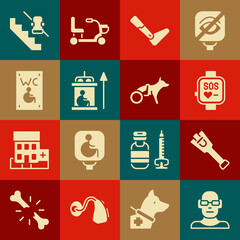 Set Poor eyesight, Prosthesis leg, Smart watch, Elevator for disabled, Separated toilet, Disabled elevator and Dog in wheelchair icon. Vector