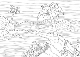 Oasis coloring desert graphic black white landscape illustration vector
