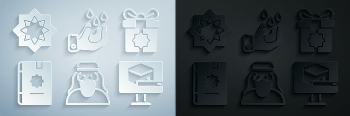Set Muslim man, Gift box, Holy book of Koran, Kaaba mosque, Wudhu and Octagonal star icon. Vector