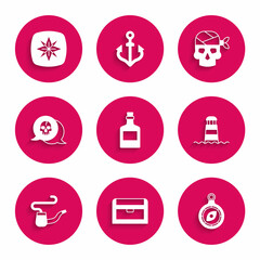 Set Alcohol drink Rum, Antique treasure chest, Compass, Lighthouse, Smoking pipe, Skull, Pirate captain and Wind rose icon. Vector