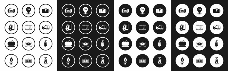 Set Gas tank for vehicle, Oil railway cistern, storage, Tanker truck, Refill petrol fuel location, Gasoline pump nozzle and icon. Vector